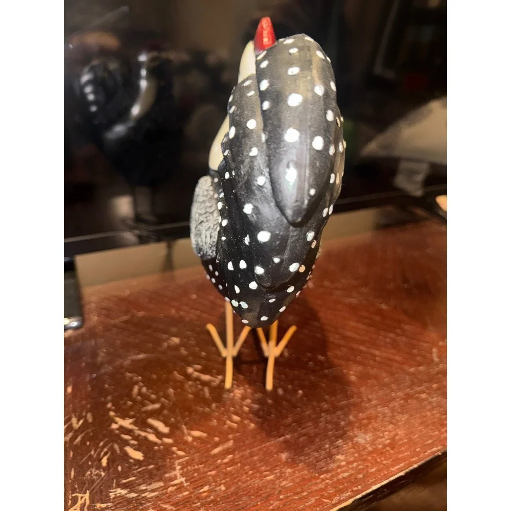 Black White Polka Dot Rooster Figurine Farmhouse Decor Metal Legs Chicken Statue